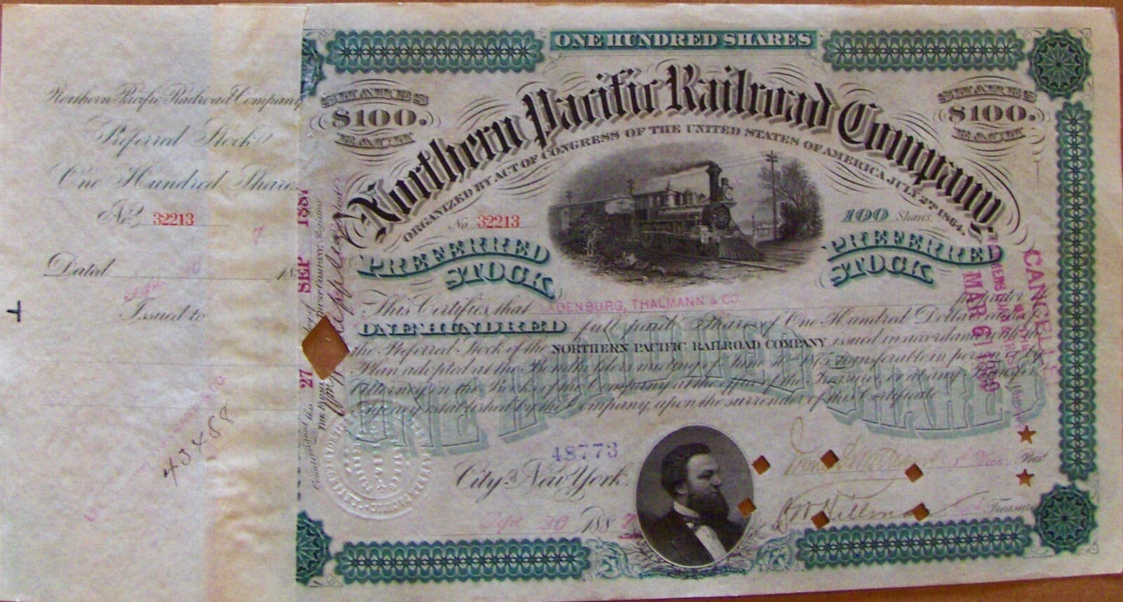 Northern Pacific Railroad Comp. stock certificate 1880s - 1890s green 100 Shares