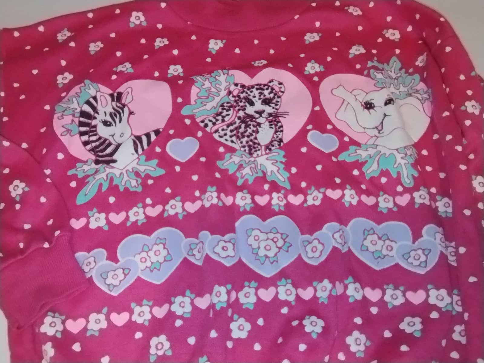 Vintage 80s Girls Pink Sweatshirt Fairy Kei Hearts Zebra Tiger Elephant Sz 6 2