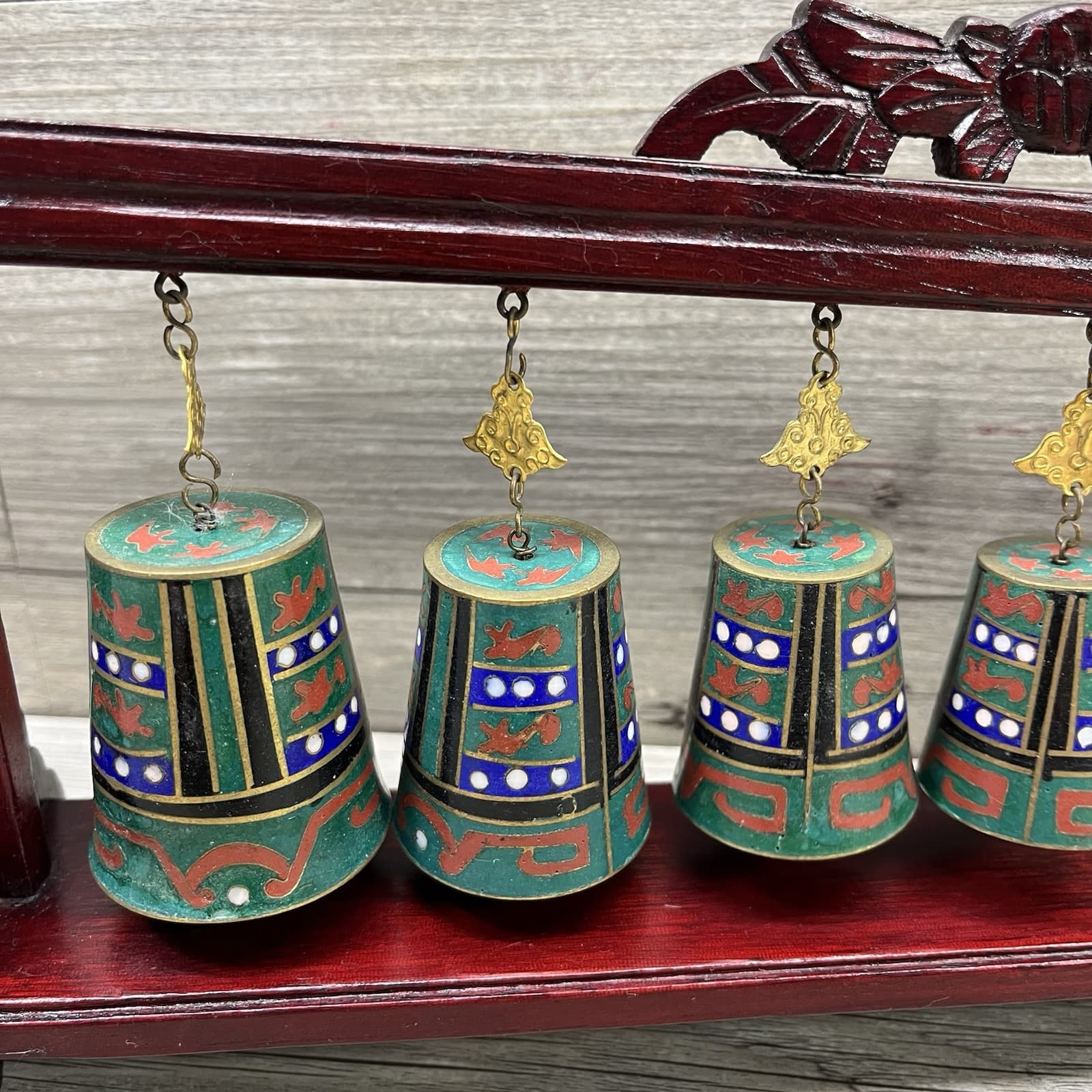 Vintage Set of Graduated Chinese Cloisonne Hanging Bells Chimes on Wood Stand 5