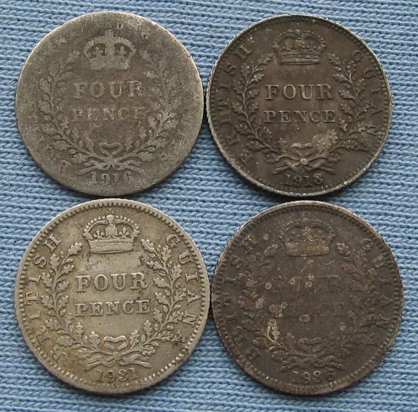 4 British Guiana Four Pence Coins 1916/1918/1931/1936 George V 2