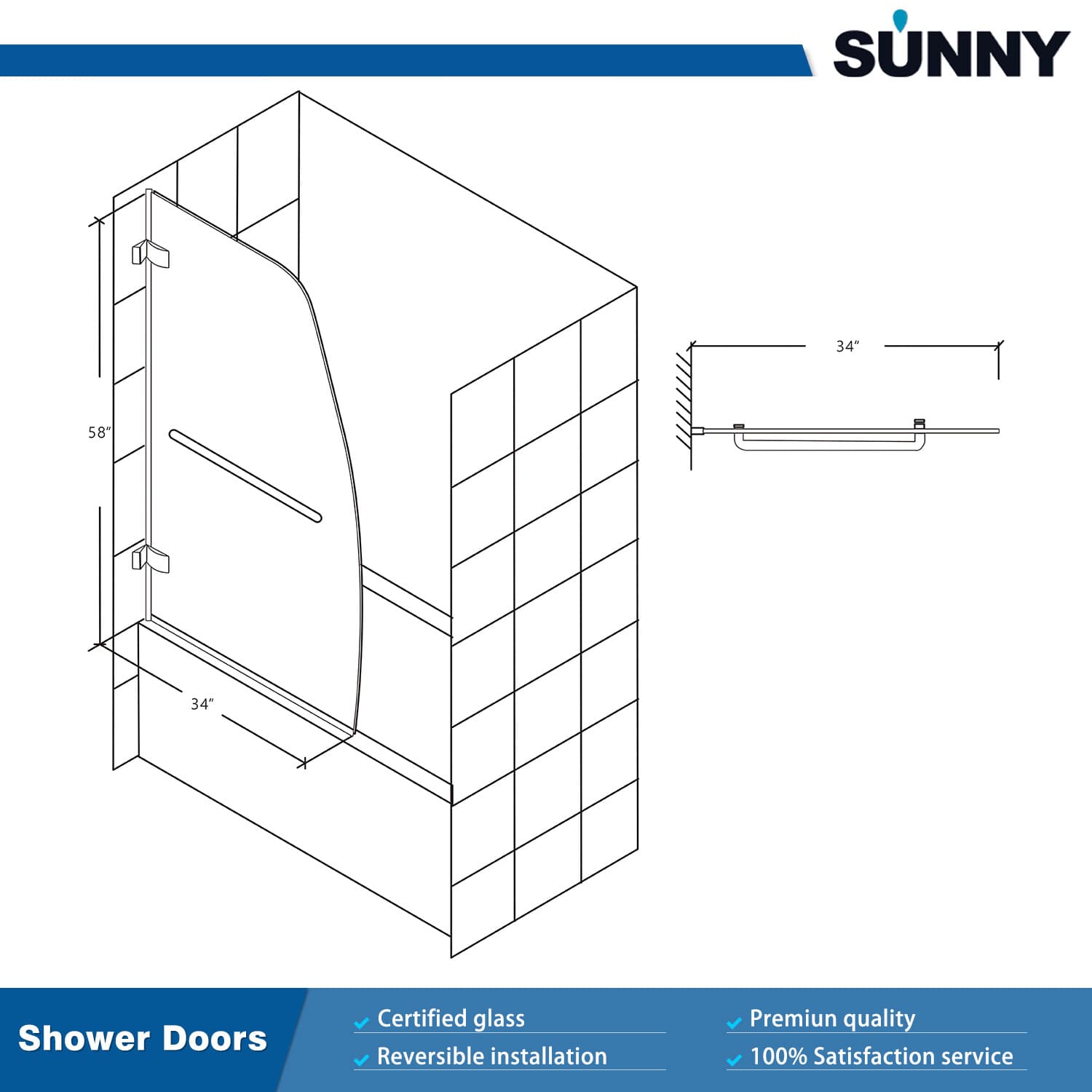 SUNNY 34"x58'' Hinged Swing Bathtub Shower Door Single Panel 5/16" Clear Glass  5
