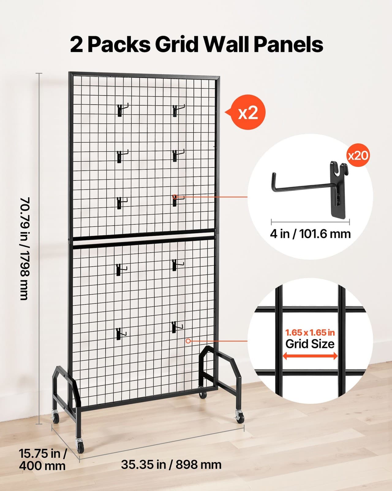 VEVOR 2 Packs Grid Wall Panels,2.9 x 5.9 ft Wire Grid Panels Display Rack,Movabl