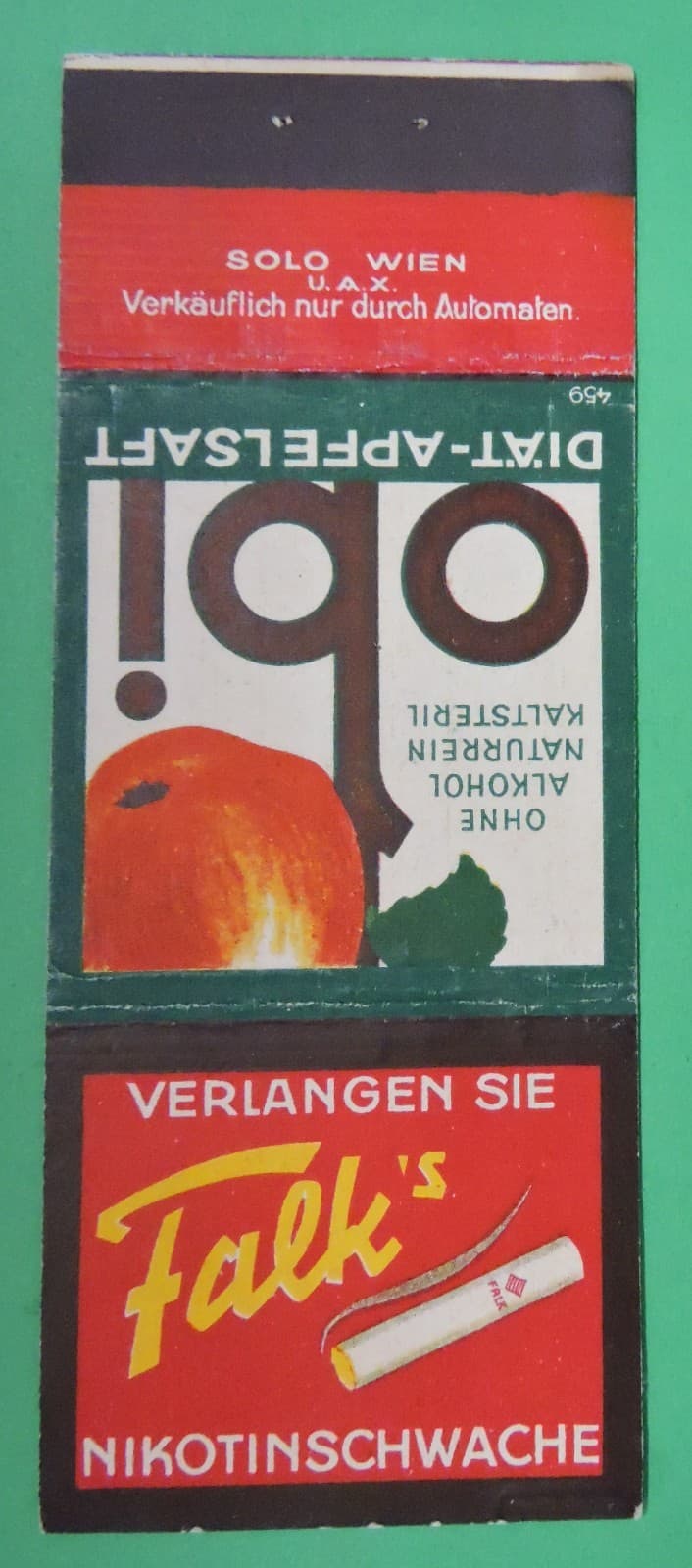 VERLANGEN SIE FALKS NIKOTINSCHWACHE/OBI DI'A'T-APFELSAFT MATCHBOOK COVER-AUSTRIA 2
