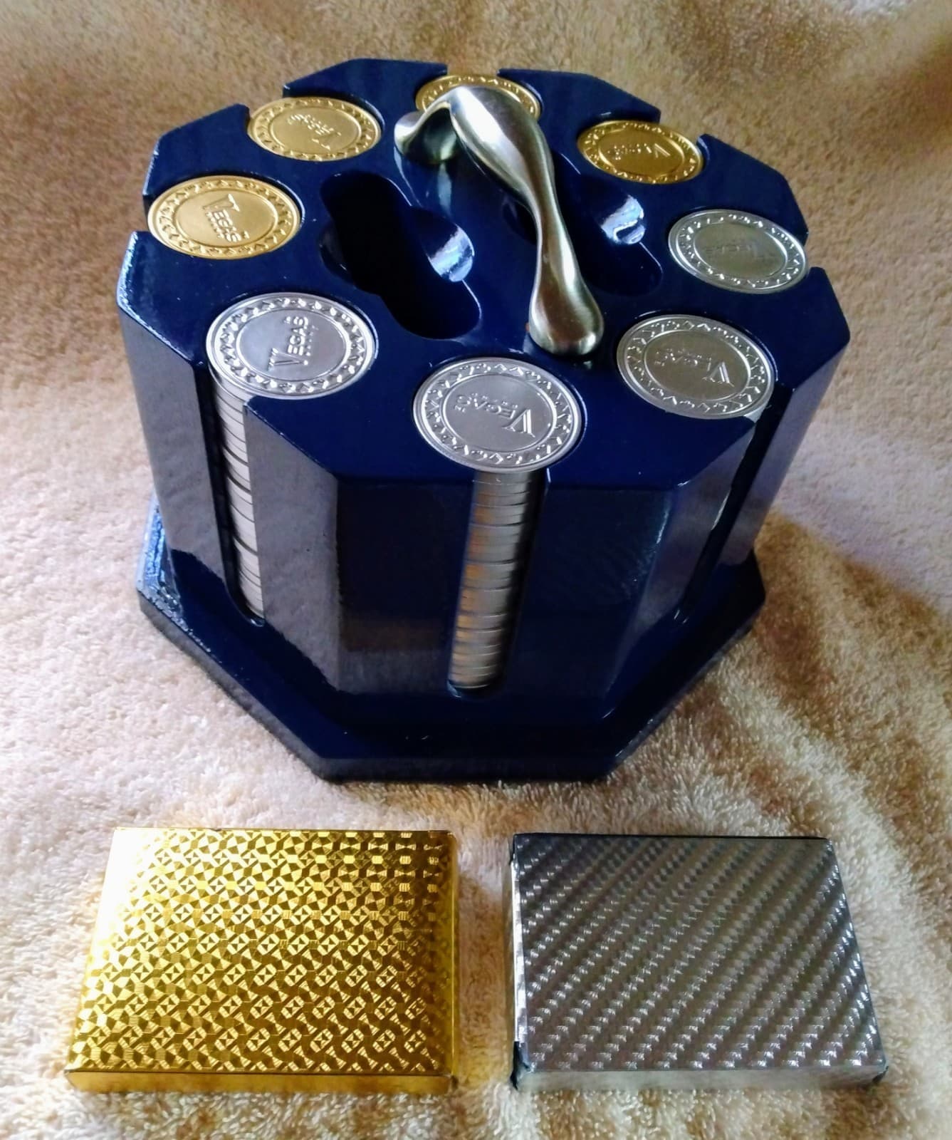 Navy Blue Octagon Poker Set With Gold And Silver Vegas Chips 5