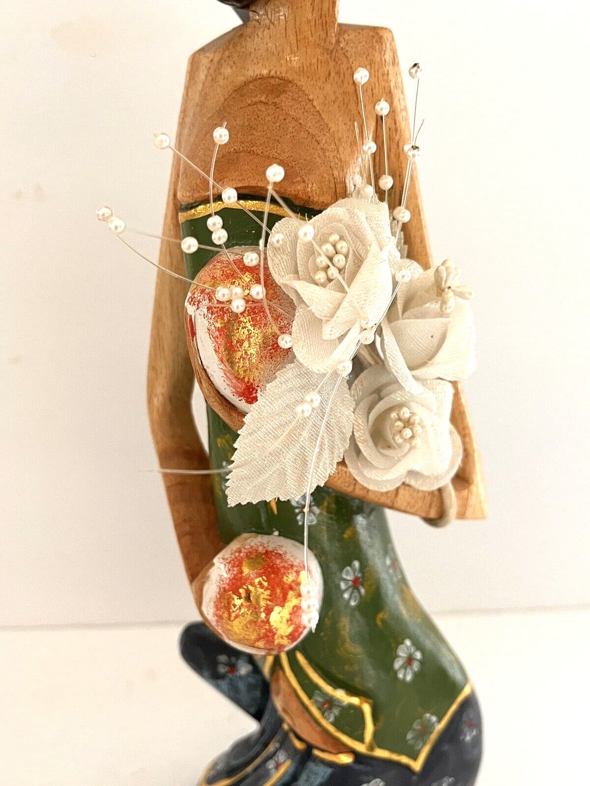 Asian Lady Hand Carved & Painted  with Flowers 14"  Unique OOAK Vintage 6