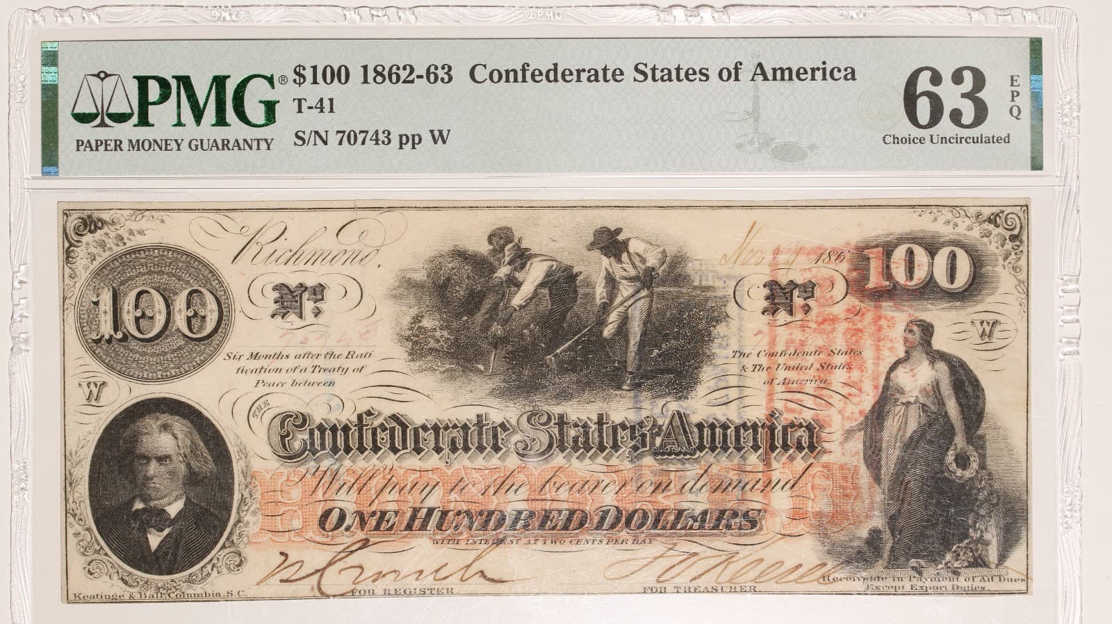 1862-63 $100 PMG 63EPQ Confederate States of America T-41 Item#P21266