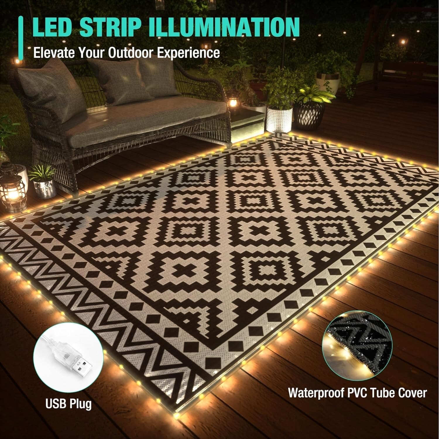 HAUSHOF 8FT Outdoor Rug Waterproof LED Strip Light Reversible Plastic Straw Rugs 3