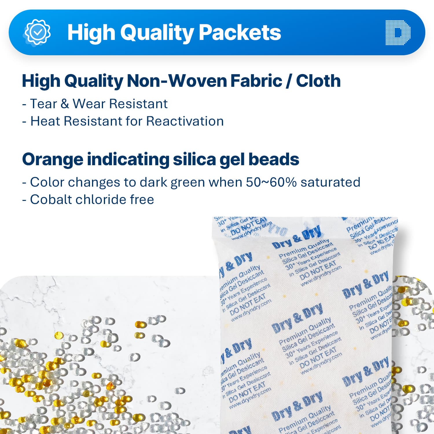 500 gram X 40 PK "Dry & Dry" Food Grade Orange Indicating Silica Gel Packets 2