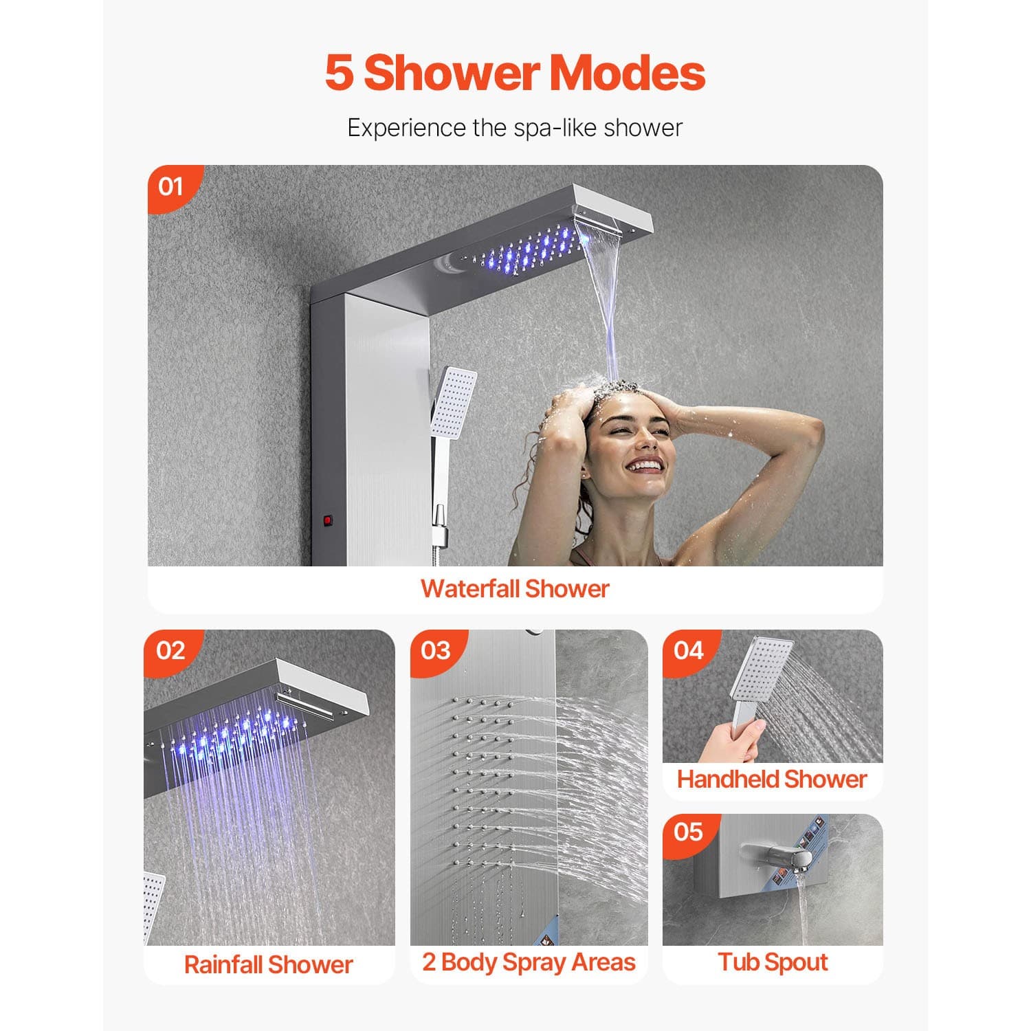 Shower Panel Tower System Stainless Steel Column Rainfall Waterfall Head 5 Modes 3
