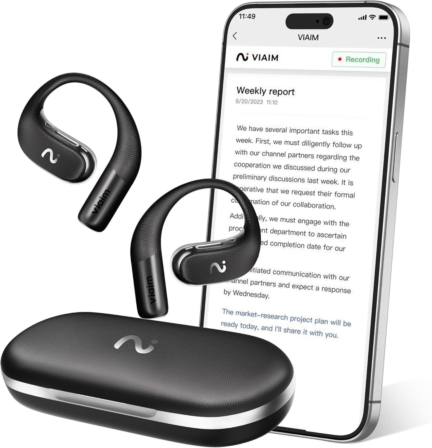 VIAIM OpenNote AI Recorder – Open Ear Earbuds with FlashRecord, Black