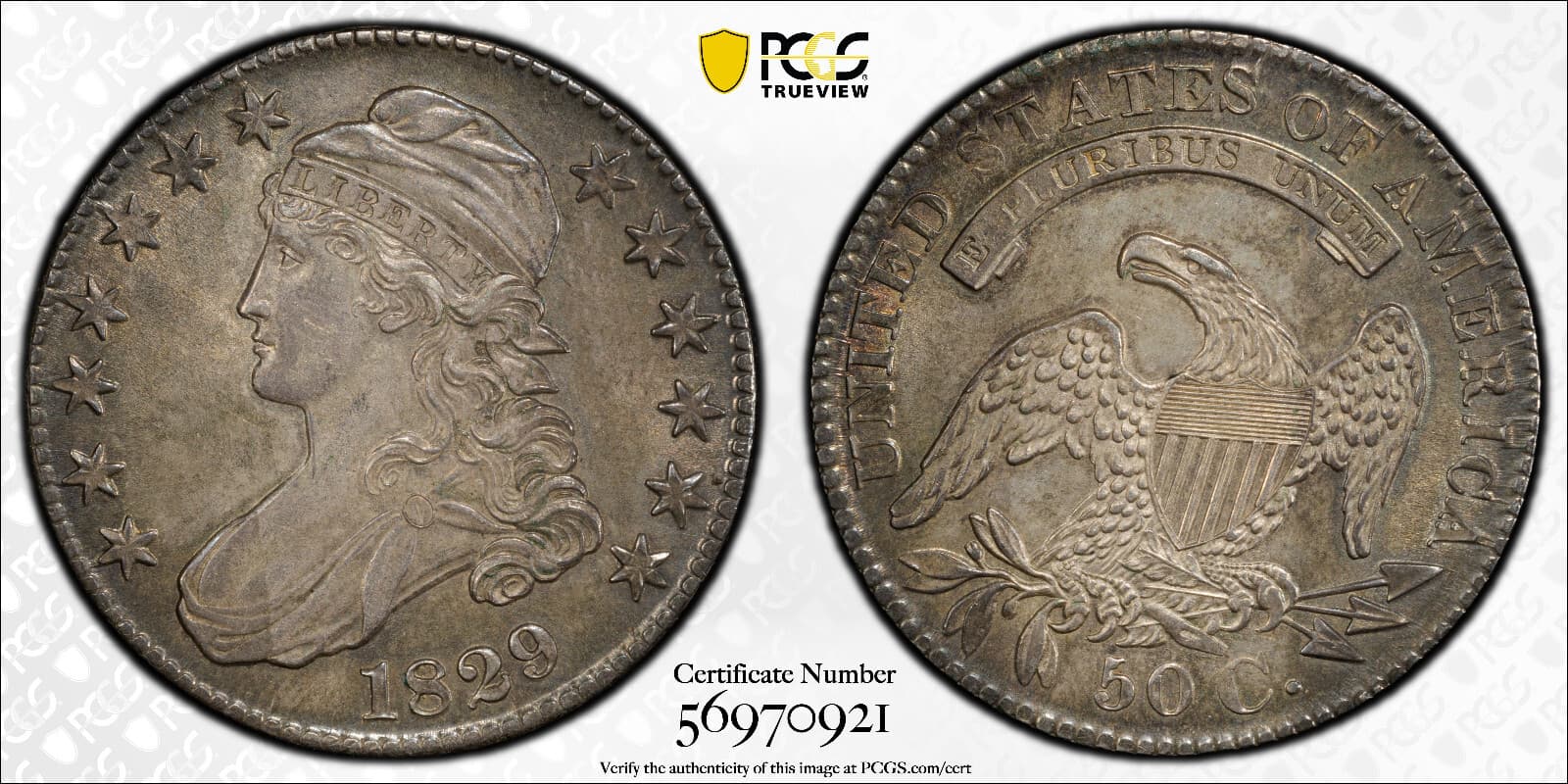 1829 Capped Bust Half Dollar, Uncirculated, PCGS Cert, Original 2