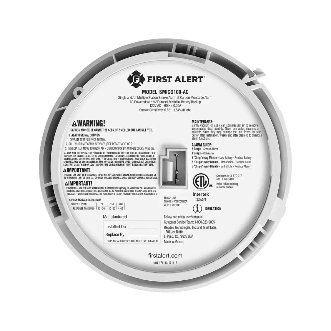 First Alert BRK SC9120B-3/SMICO100-AC Smoke & Carbon Monoxide CO Detector 3 pack 3
