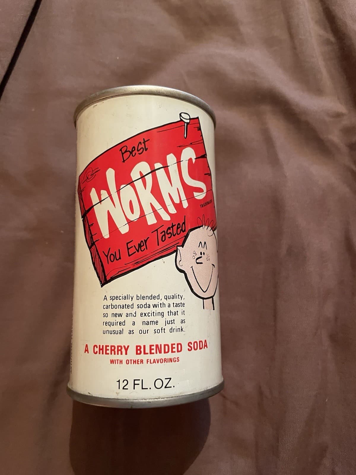 BEST WORMS YOU EVER TASTED CAN O 'WORMS 12OZ CHERRY SODA POP CAN. 1970’s