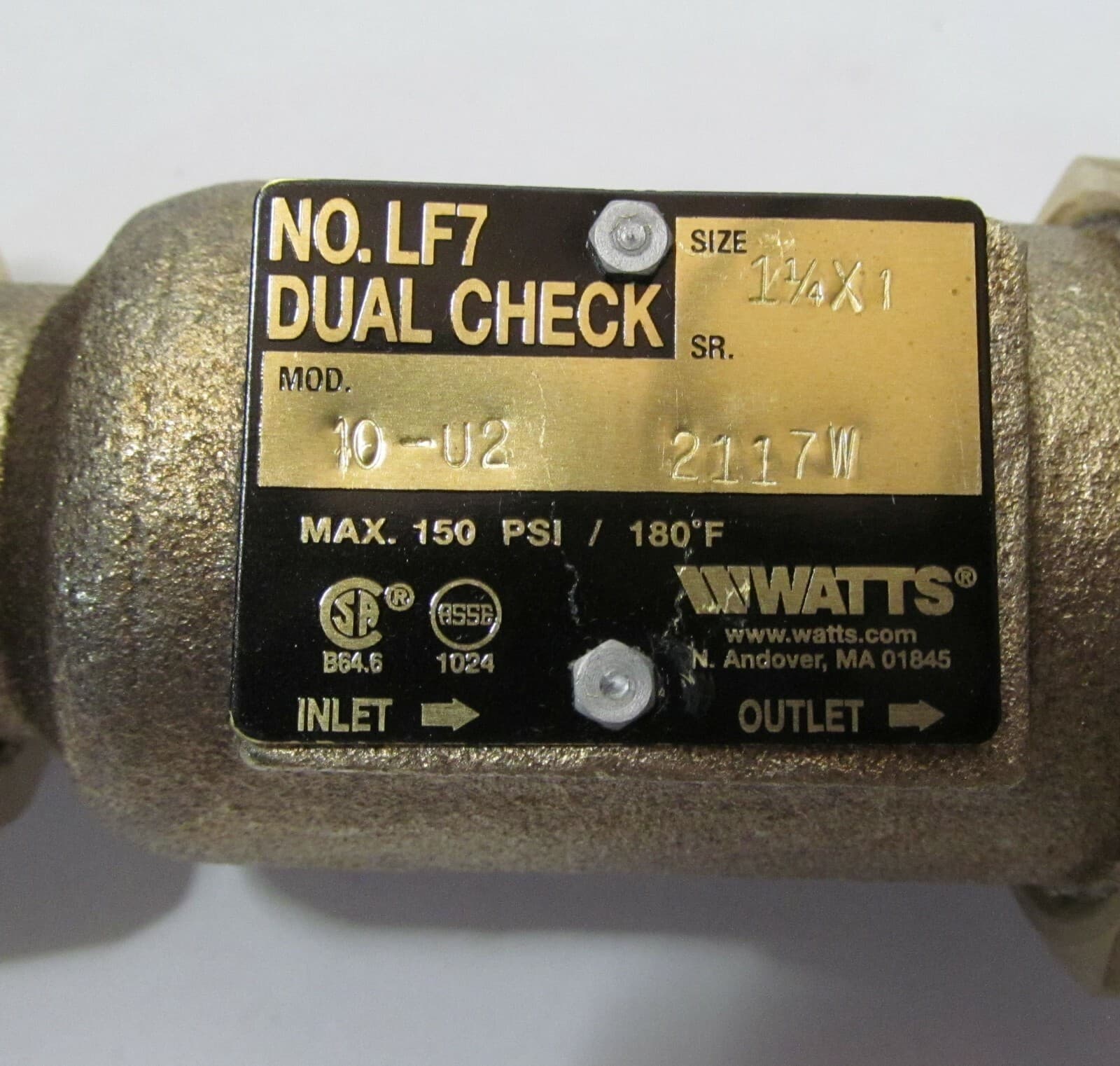 WATTS 1-1/4 x 1 LF7 10-U2 0792066 LEAD FREE DUAL CHECK VALVE/ BACKFLOW PREVENTER 5