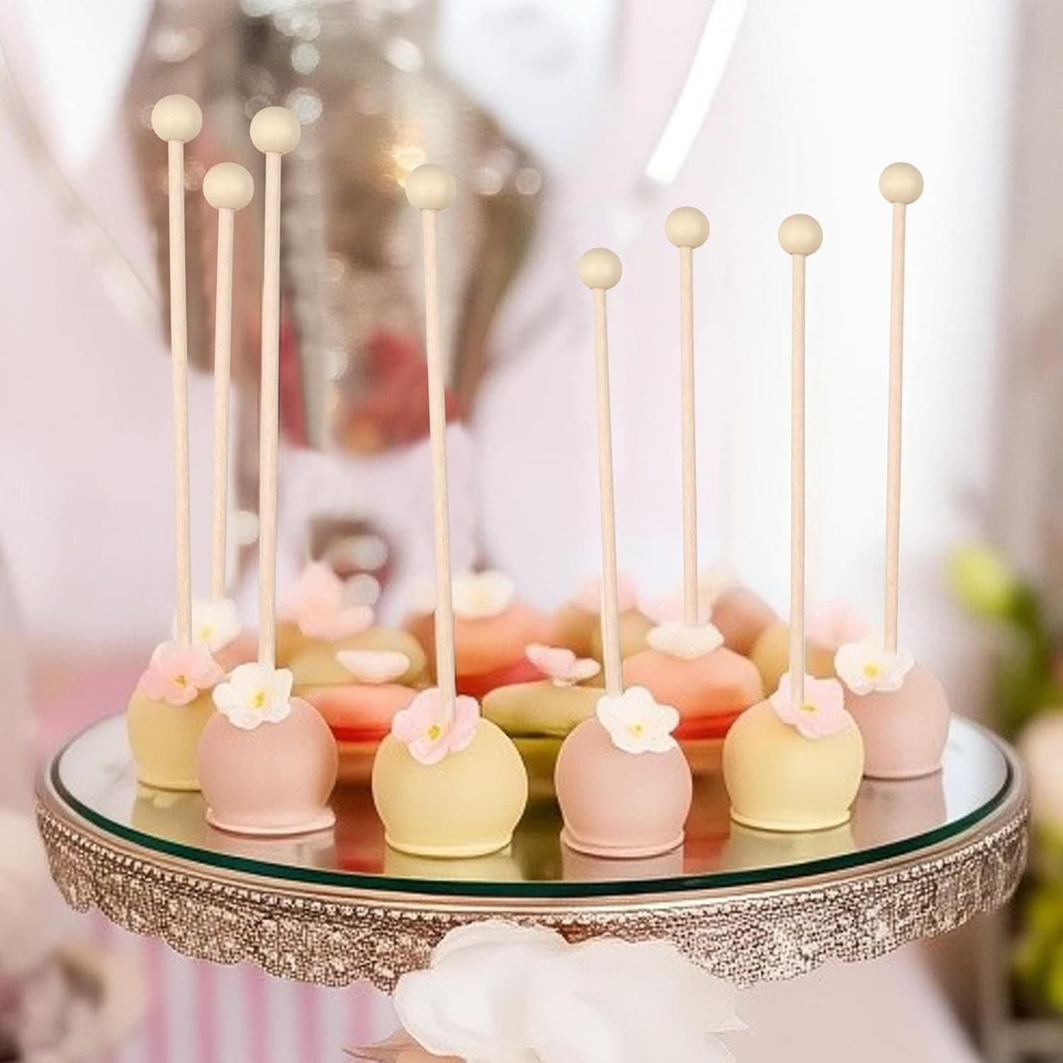 50 Pack Wooden Rock Candy Stick 6" Ball Head Cake Pop Coffee Drink Stirrer Stick 3