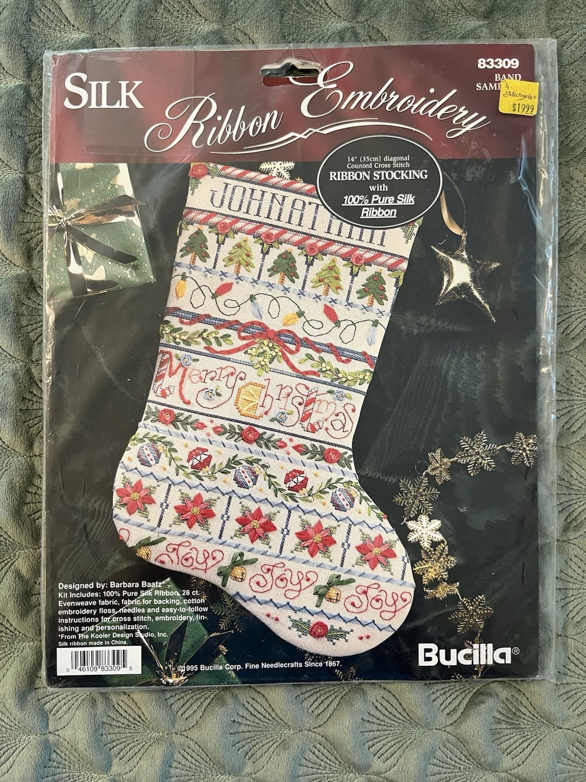 VTG 1995 BUCILLA SILK RIBBON EMBROIDERY XMAS STOCKING KIT #83309 "BAND SAMPLER"