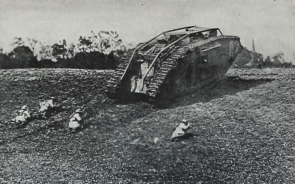 RARE RECYCLED! WW1 US ARMY 27TH DIV. 107TH INF. w/ BRIT TANK COVER LITHO PC 1918