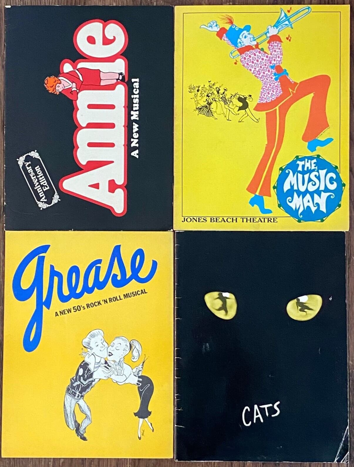 Lot of 4 vintage Musical Theatre SOUVENIR PROGRAMS Cats Grease Annie Music Man