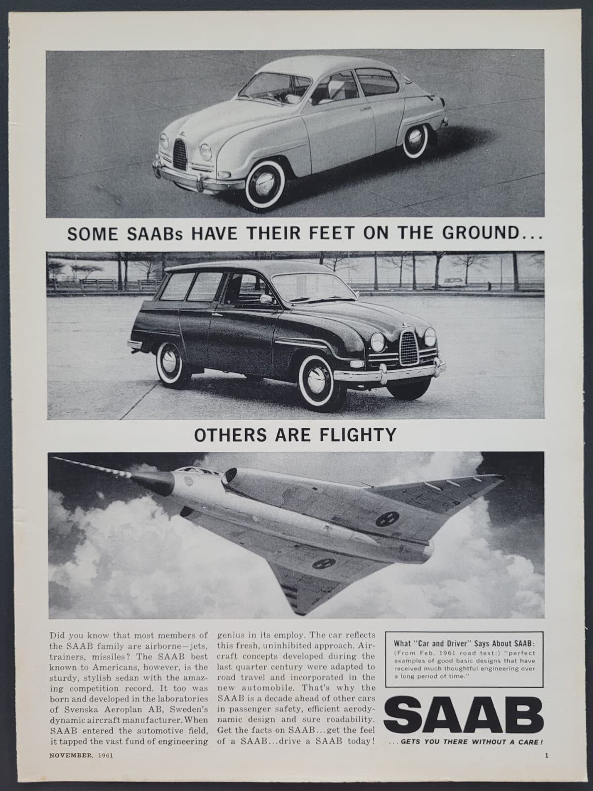 1961 PRINT AD Saab Cars "Some have Feet on the ground, Others are Flighty"