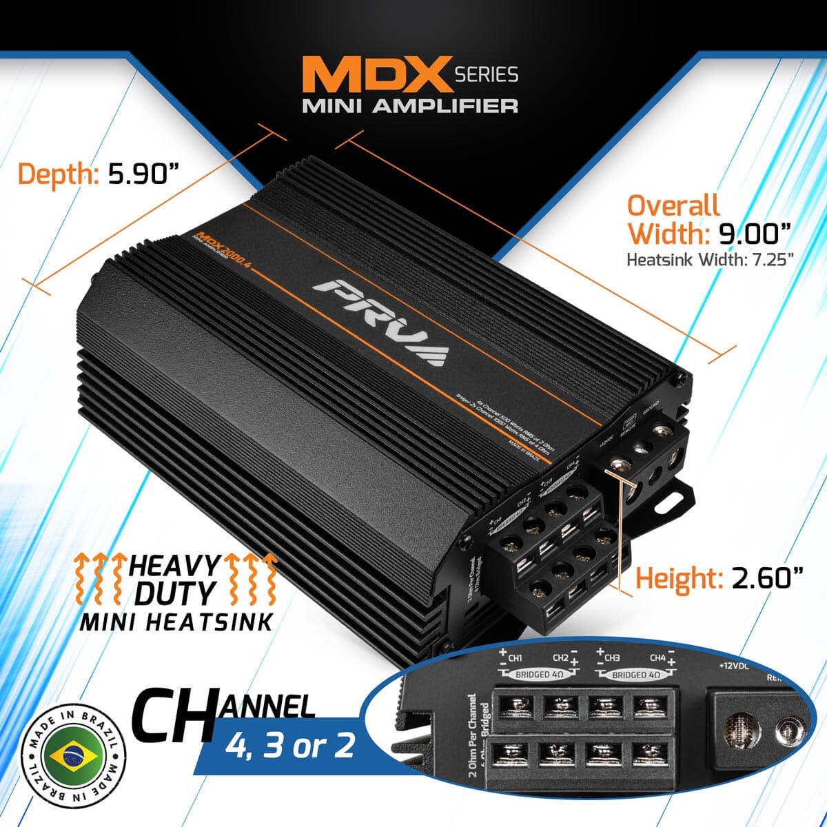 PRV MDX2000.4 2 Ohm Mini 4 Channel 4x 500 Watts Amp Compact Car Audio Amplifier 4