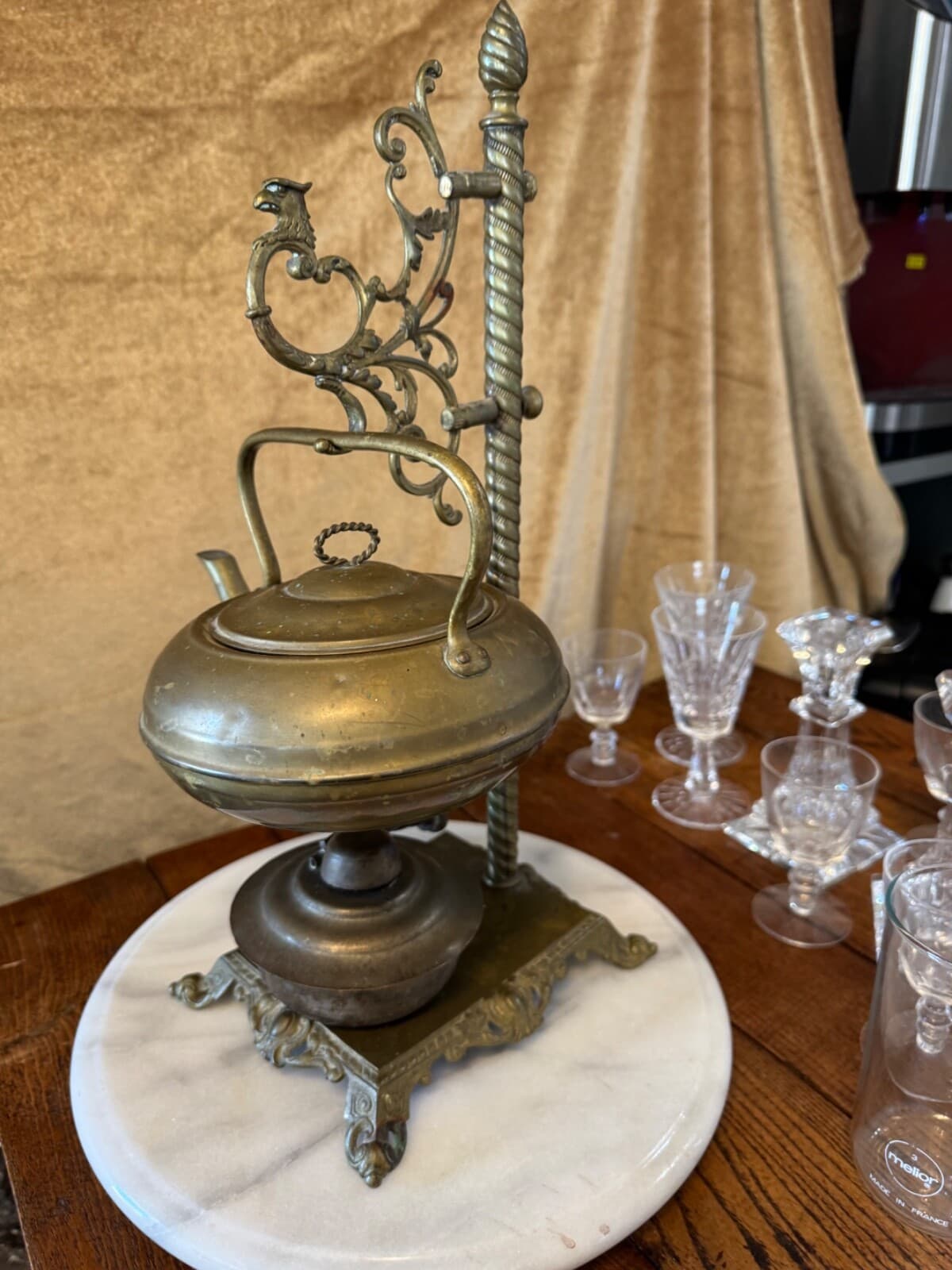 Antique B&H Bradley Hubbard Brass Teapot with ornate stand, and Warmer 16Tx8x6"  5