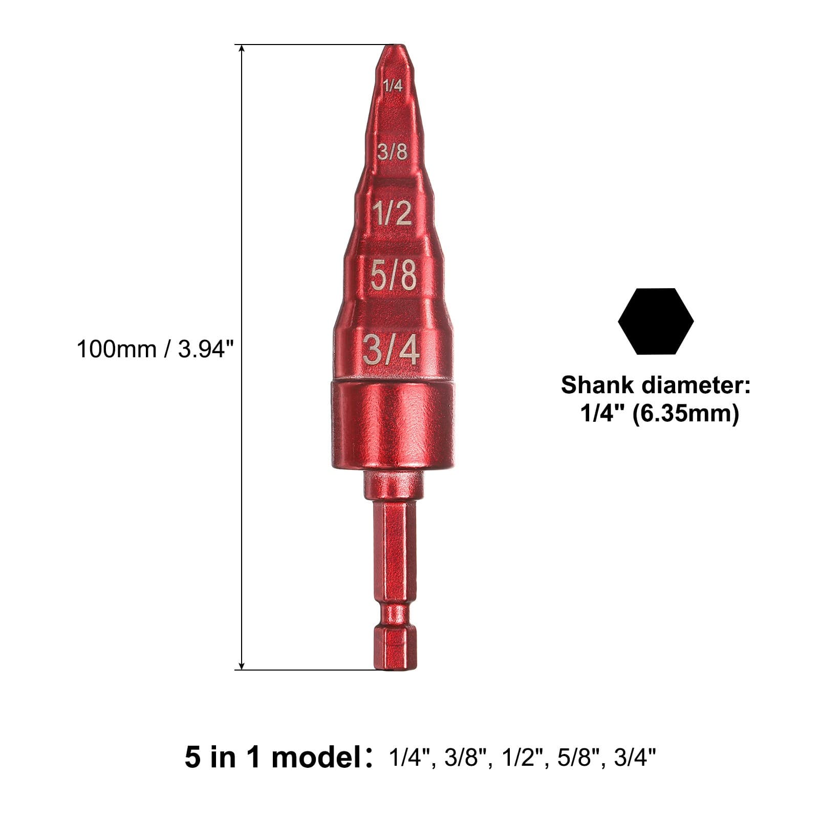 1/4" 3/8" 1/2" 5/8" 3/4" Swage Expander Drill Bit with 1/4" Hex Shank Red 2