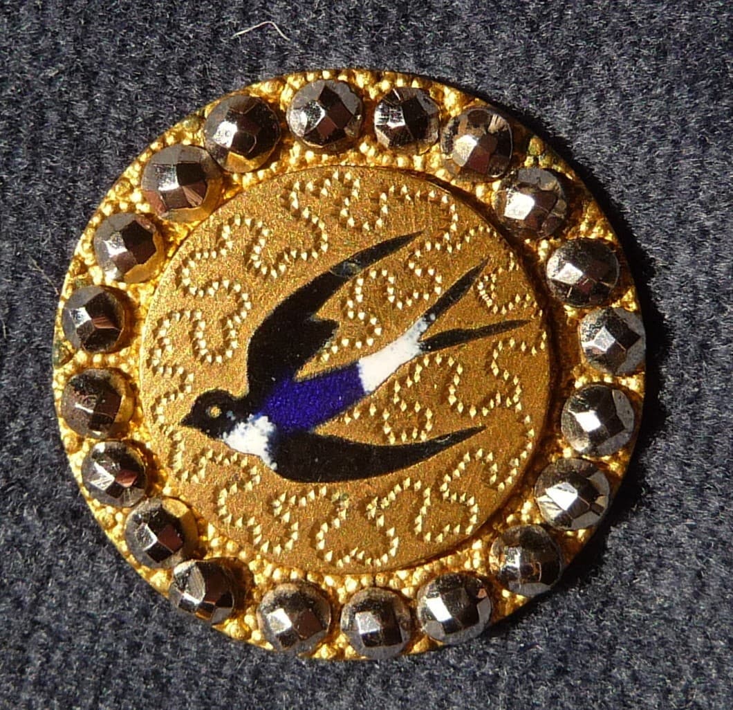 ANTIQUE ENAMEL BUTTON SWALLOW BIRD in FLIGHT w CUT STEEL STUDS