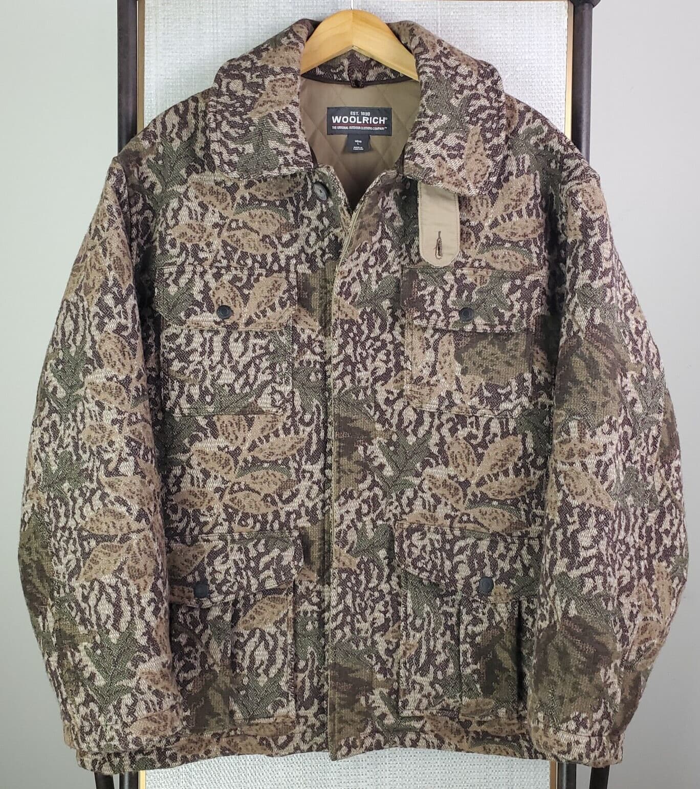 Rare WOOLRICH Size Large Mens Wool Camouflage Field Jacket Coat Button Front 6