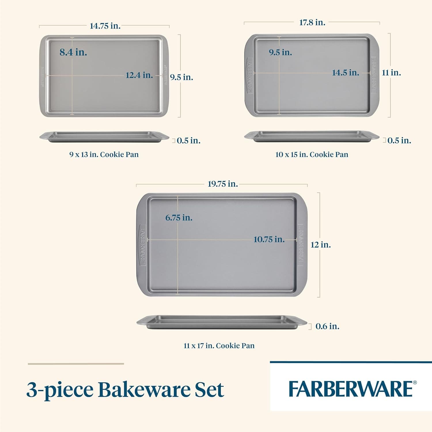 Nonstick Bakeware 3-Piece Cookie Pan Set, Gray 2