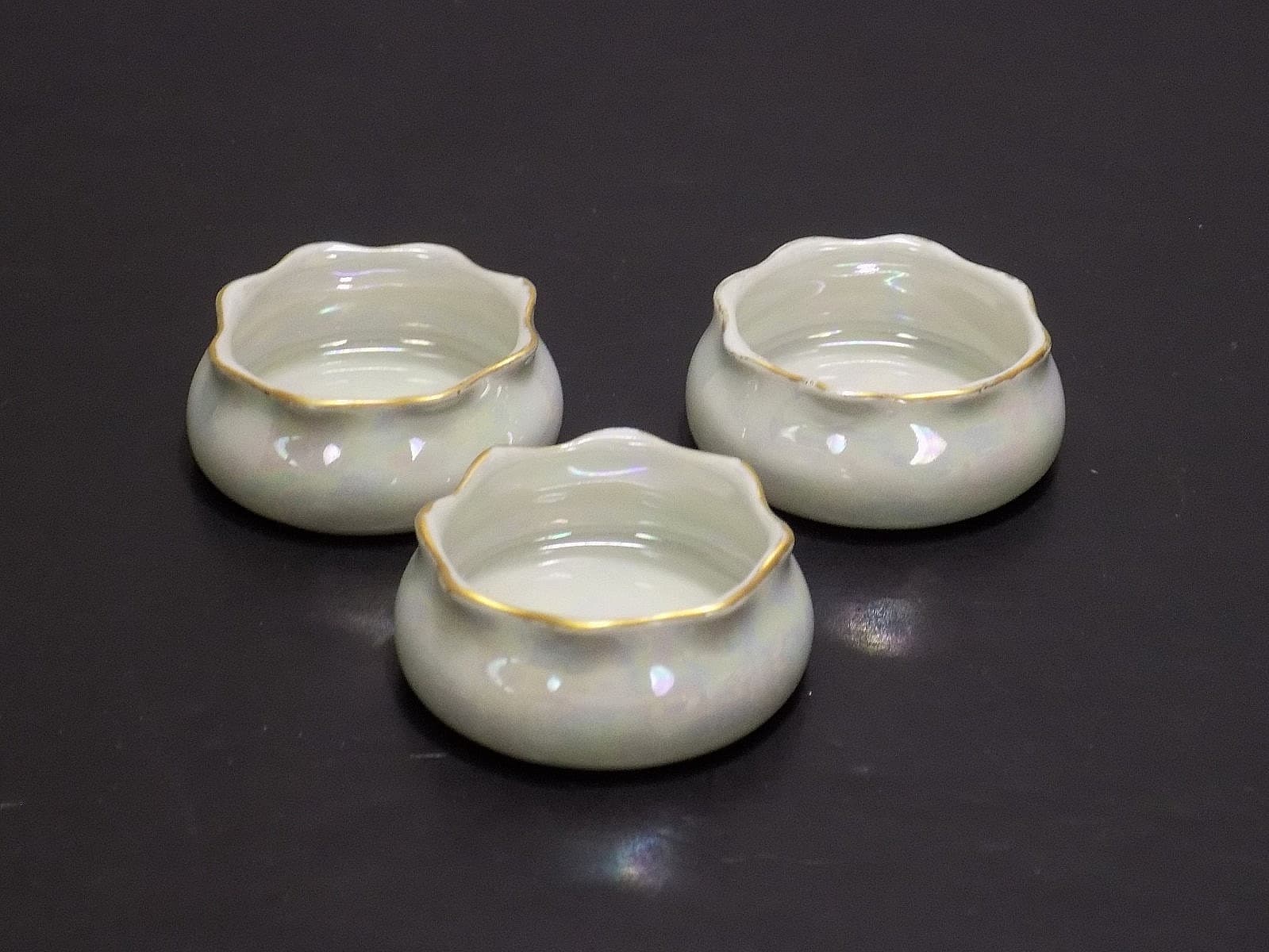 Set of 3 Germany Iridescent Pearl Finish Porcelain Open Salt Cellars 2