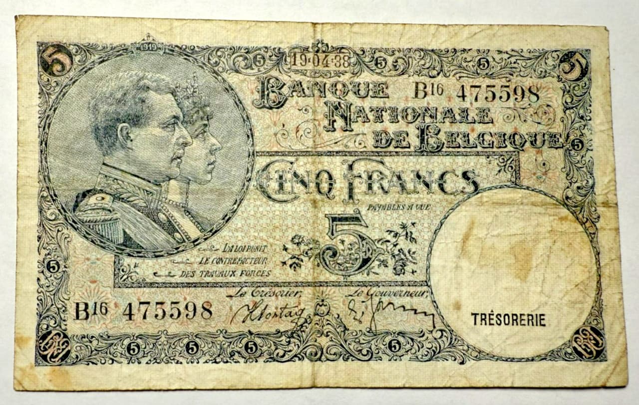 1938 Belgium 5 Francs (Leopold III) P108 Banknote 2