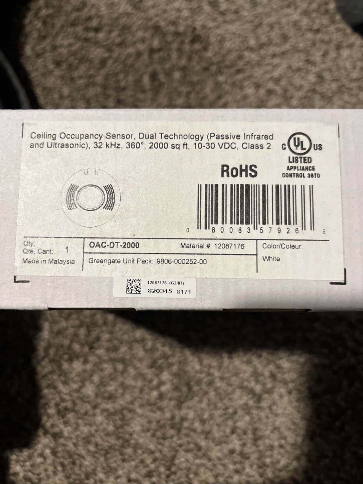 Cooper Controls OAC-DT-2000 Dual Technologies Occ Sensor 10 to 30 VDC