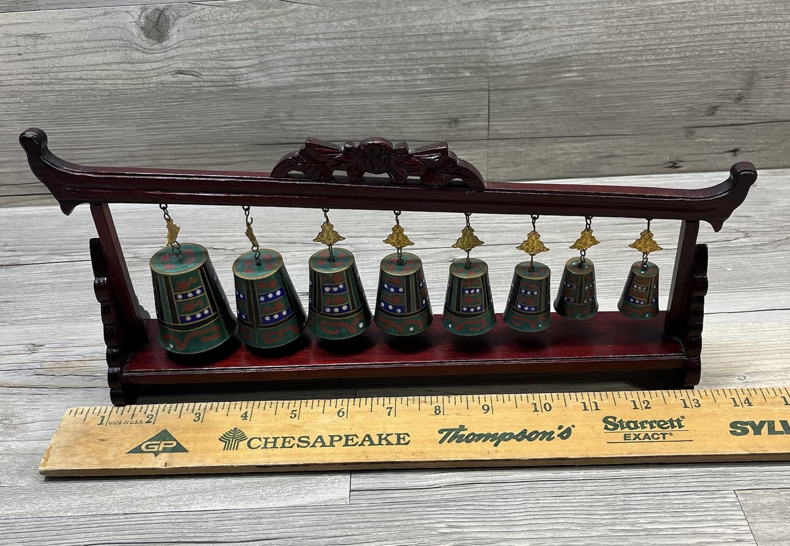 Vintage Set of Graduated Chinese Cloisonne Hanging Bells Chimes on Wood Stand 6