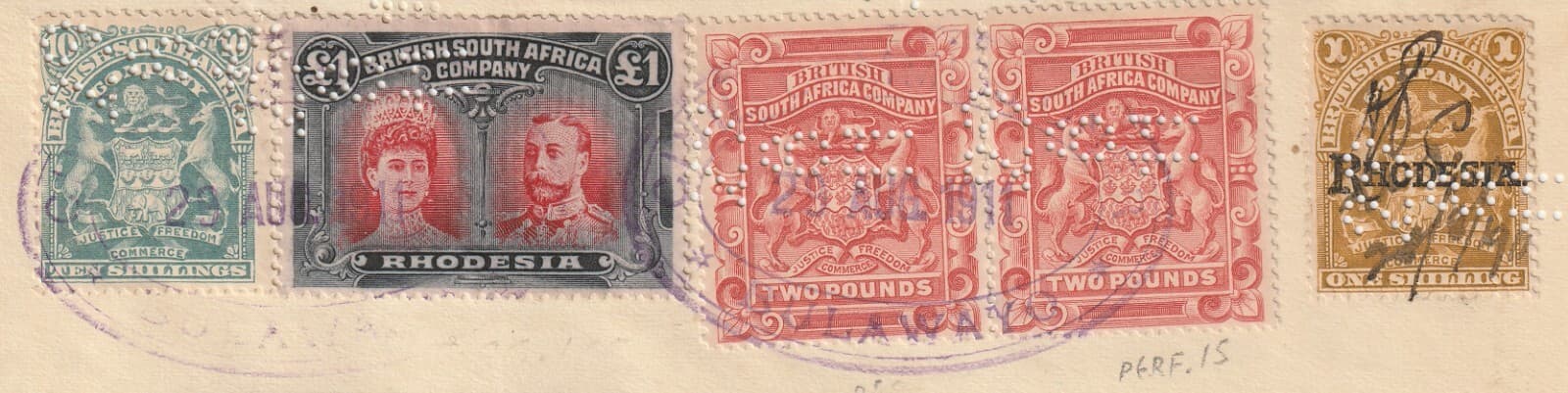 1911 Rhodesia Notarial Bond £1 Scarlet & Black Double Head & Arms Selection. 2