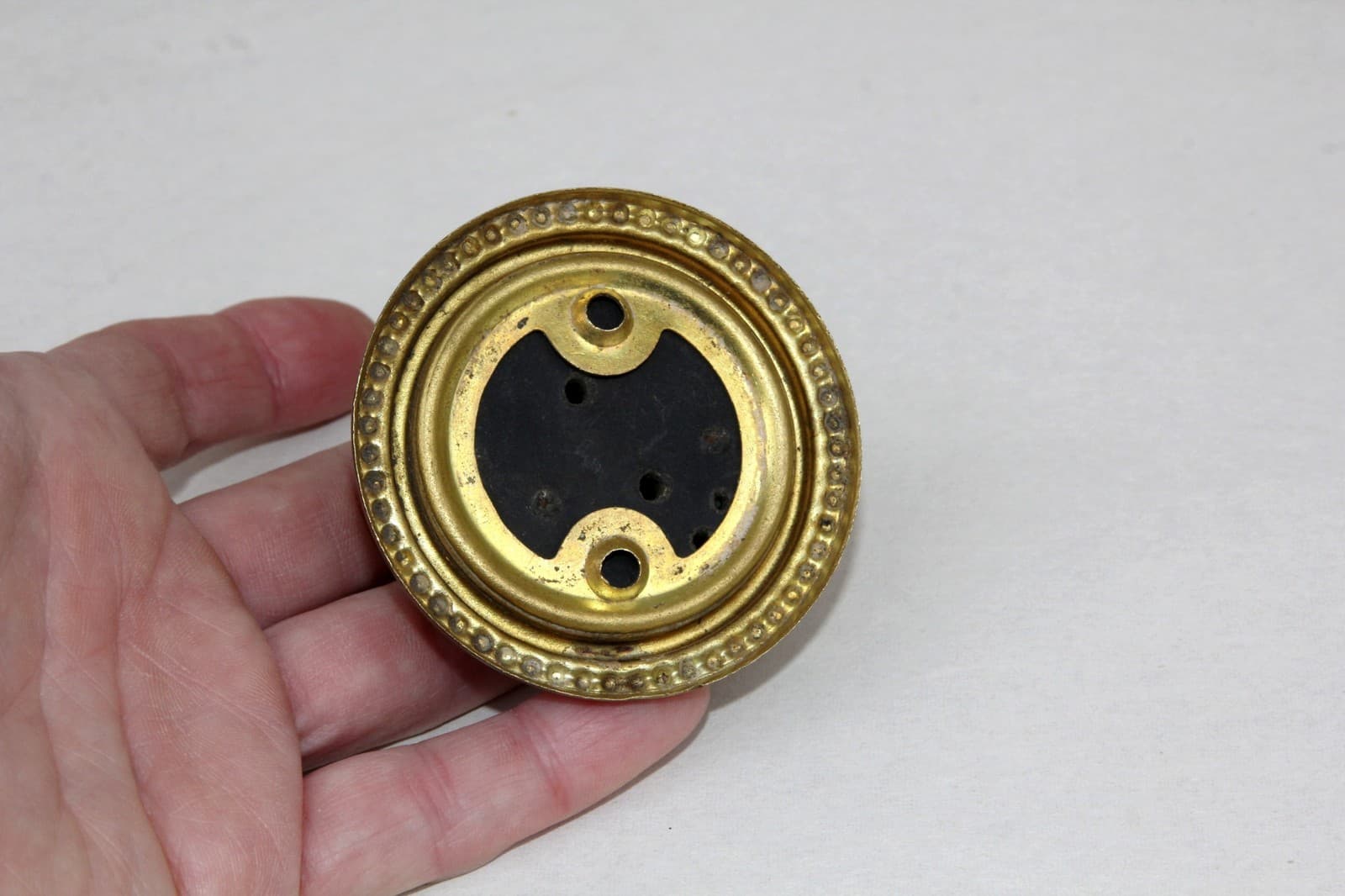 Antique Patented 1901 Round Beaded Brass Doorbell w Bakelite or Stoneware Button 5