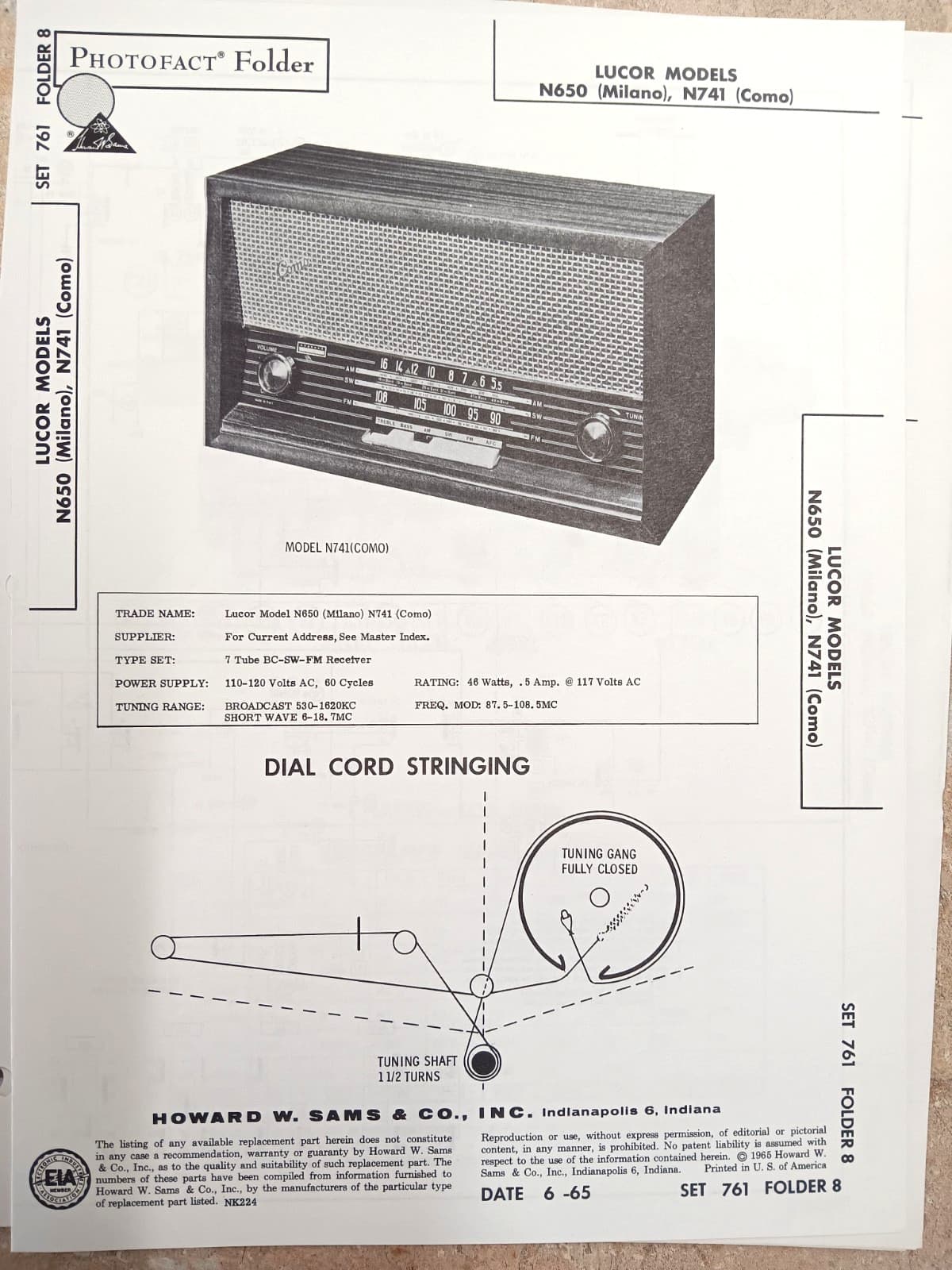 LUCOR N650 - TUBE MULTIBAND RADIO - Schematic Parts Data - SAMS PHOTOFACT 761/8