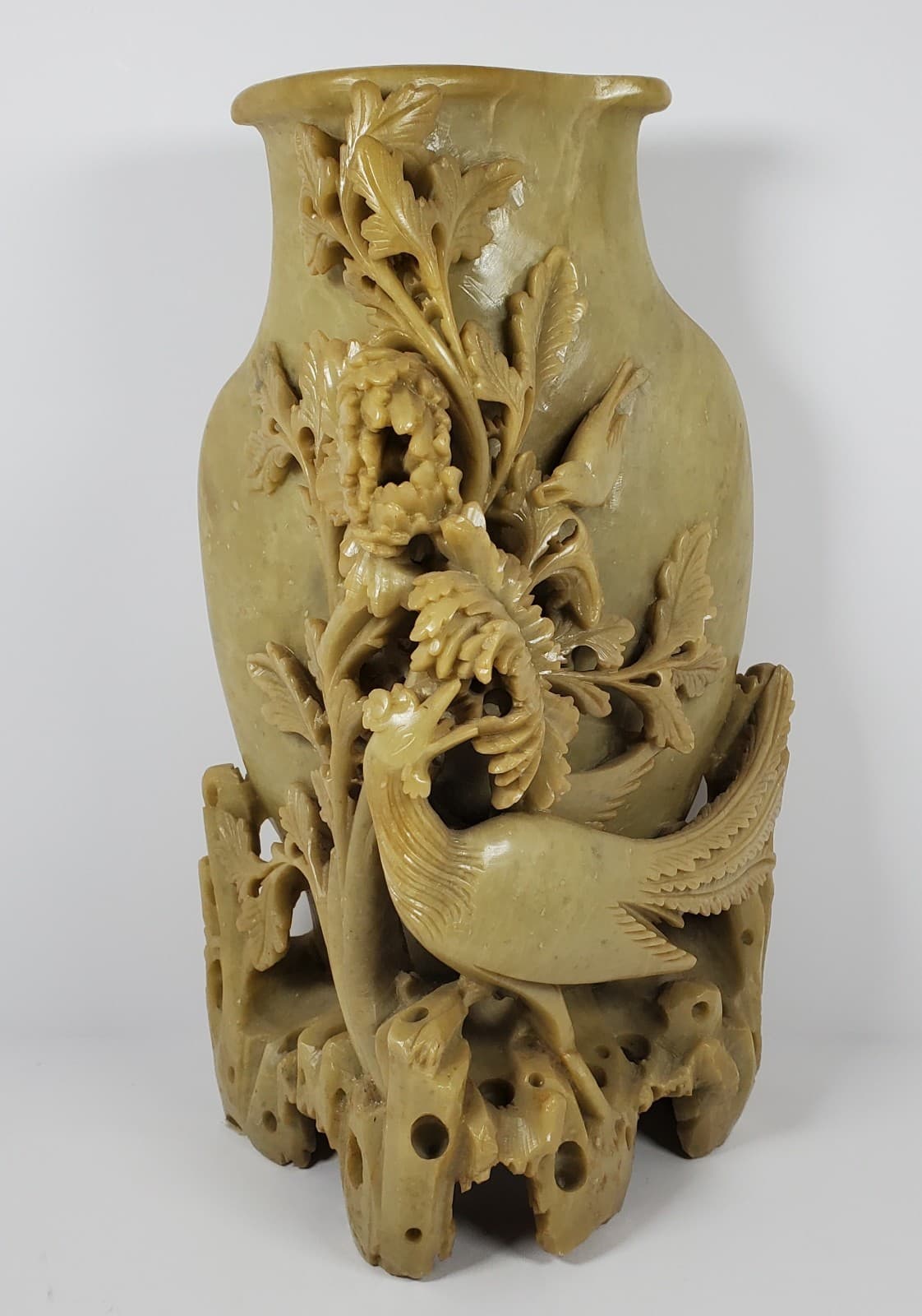 Vintage Large Chinese Hand Carved Soapstone Floral Vase with Bird Accents