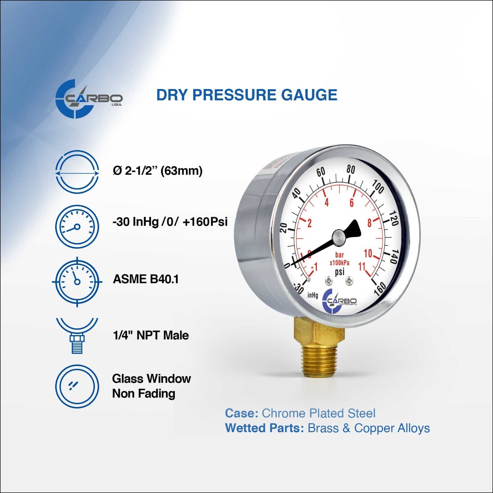 2-1/2" Dry Compound Vacuum Gauge Chrome Plated Steel Case Low Mnt -30Hg/+160psi 2