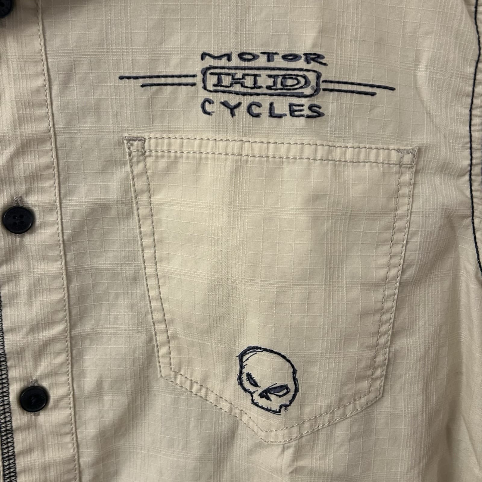 Mens Harley Davidson Shirt Large Motorcycle Skull Button Up Pocket Blue Stitch 3