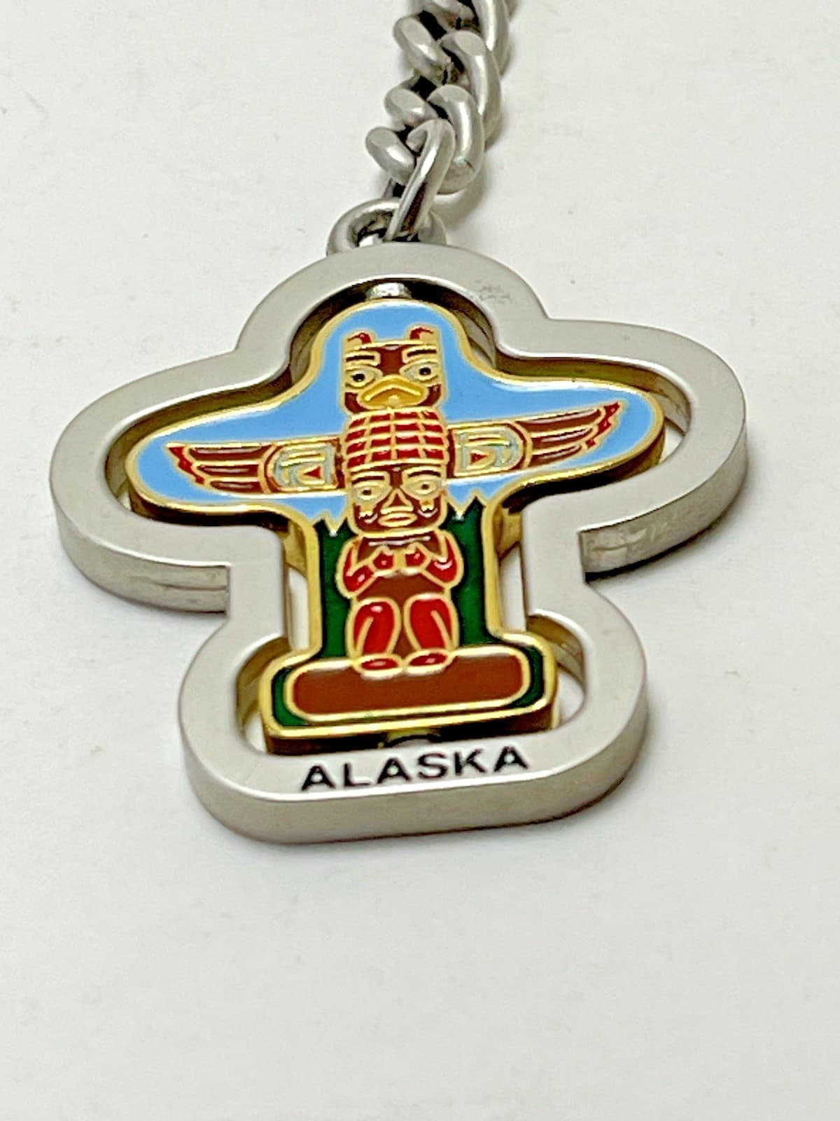 Alaska Souvenir Spinning Keychain Native Totem Pole Art Travel Key Ring Vintage 2