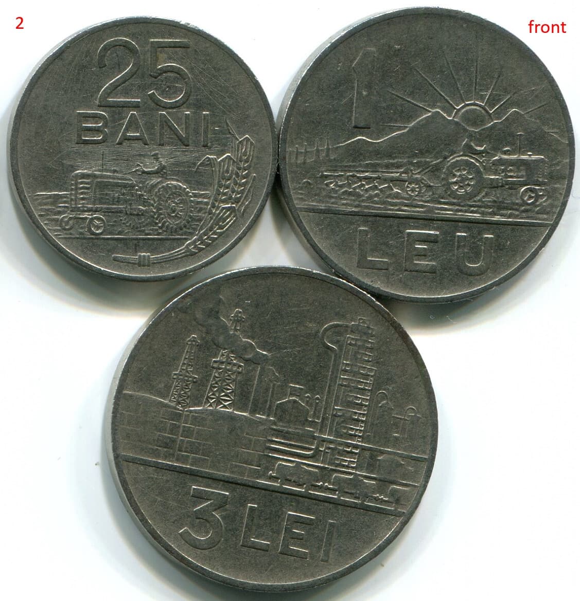 Romania 1960 25 Bani + 1963 1 Leu + 1963 3 Lei,  lot of 3 beautiful coins. C126 3