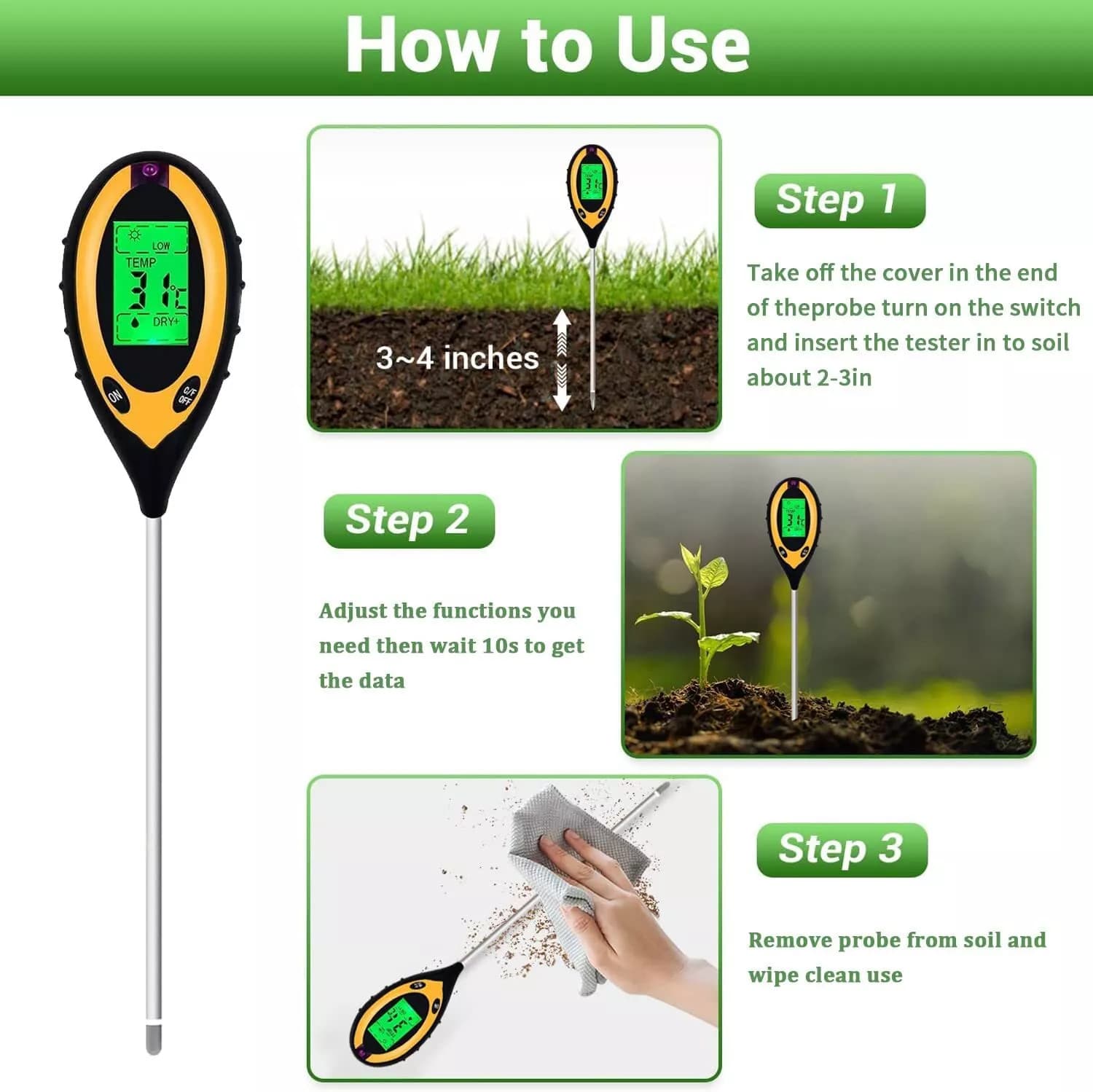 LCD Digital PH Soil Tester Water Moisture Temperature Sunlight Test Meter Plant 3