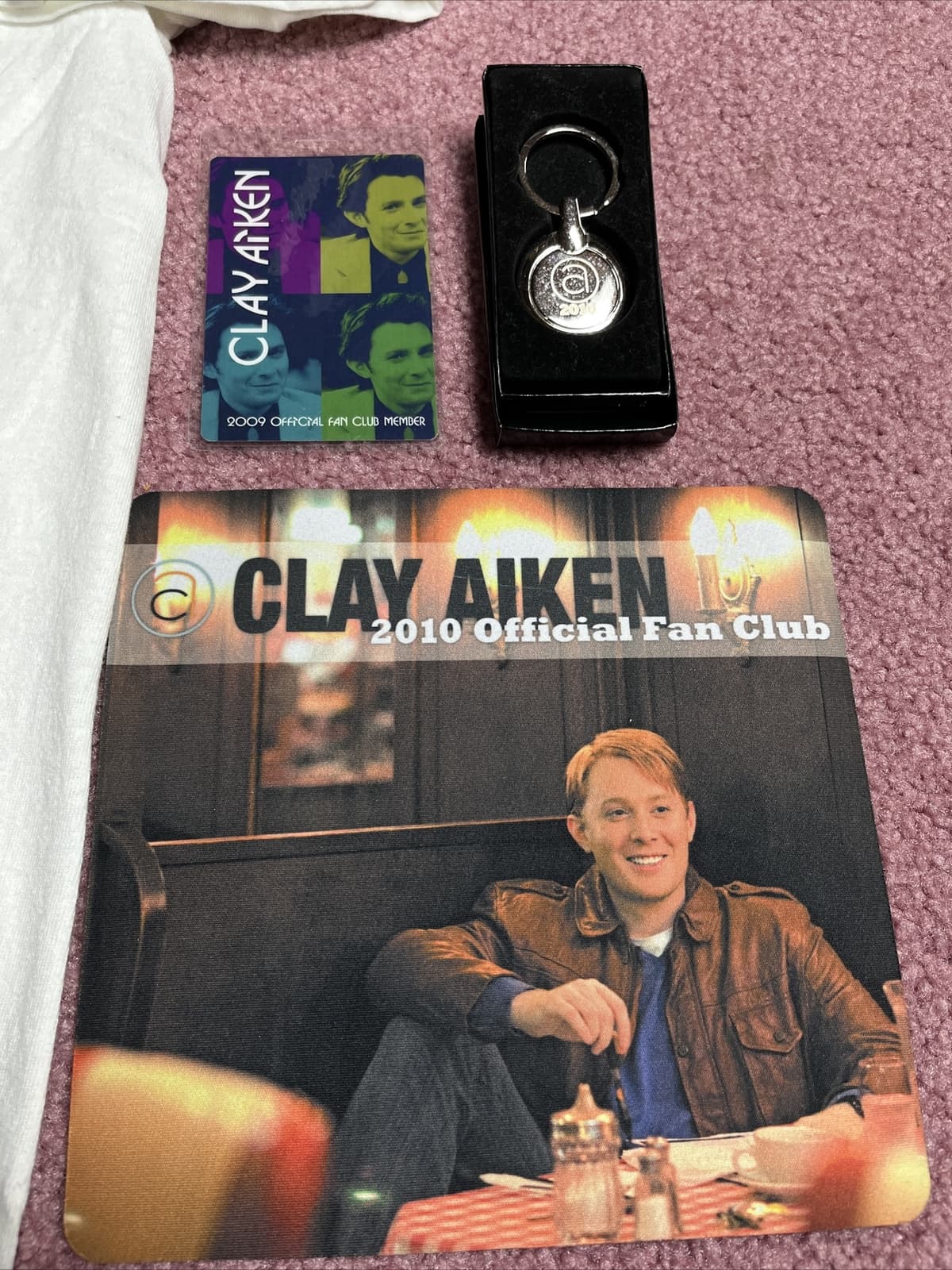 Official Clay Aiken Fanclub T shirt, keychain, mouse pad and badge 2009-10 2