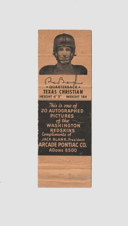 1951-52 Arcade Pontiac Co.Washington Redskins Matchbook Cover Sammy Baugh Rare