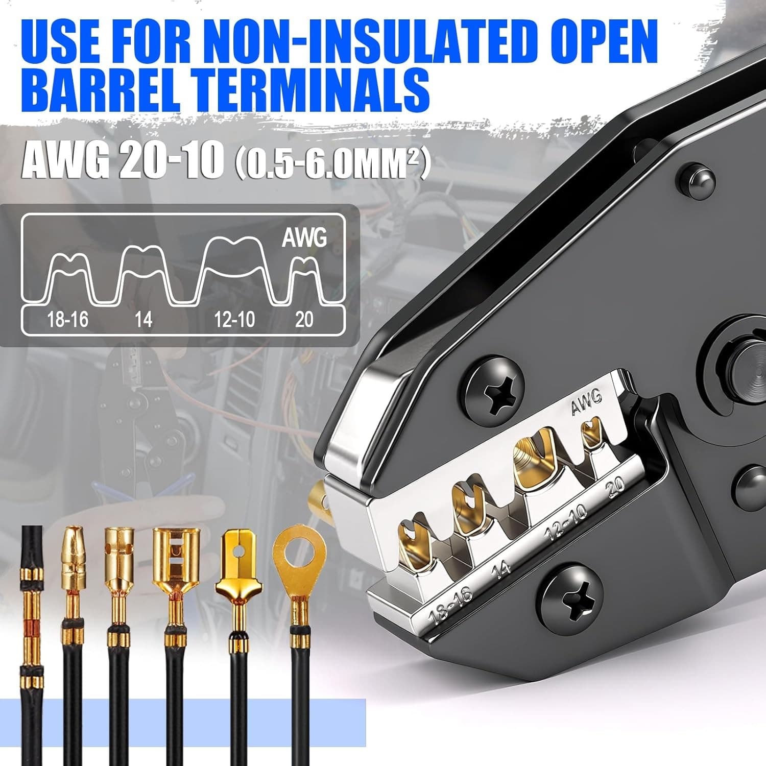 Ratchet Crimping Tool for Non-Insulated Open Barrel Terminals, AWG 20-10 3