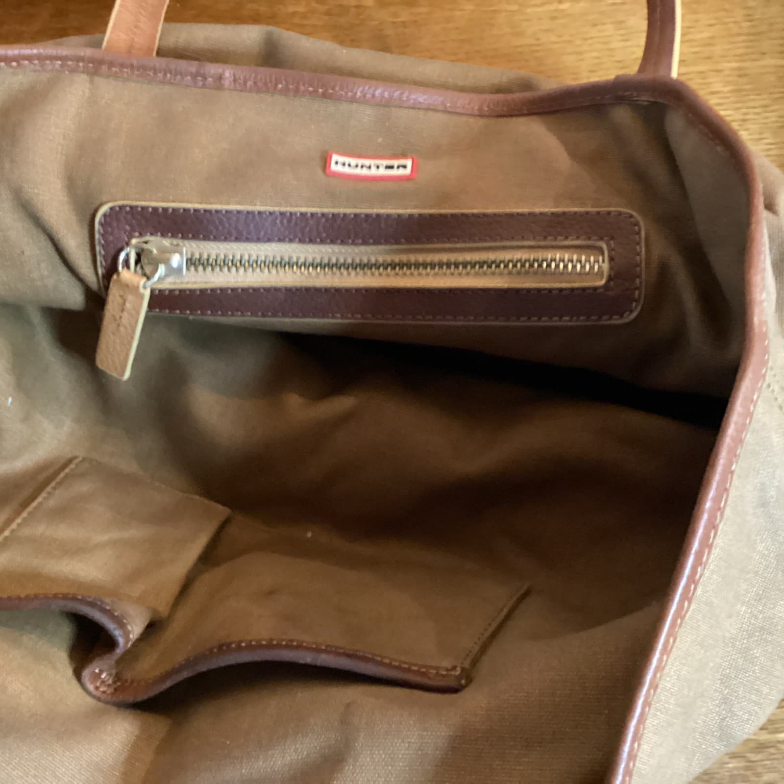 Hunter Boots Leather & Canvas Tote Bag  Brown Shoulder Pockets Travel Commute 6