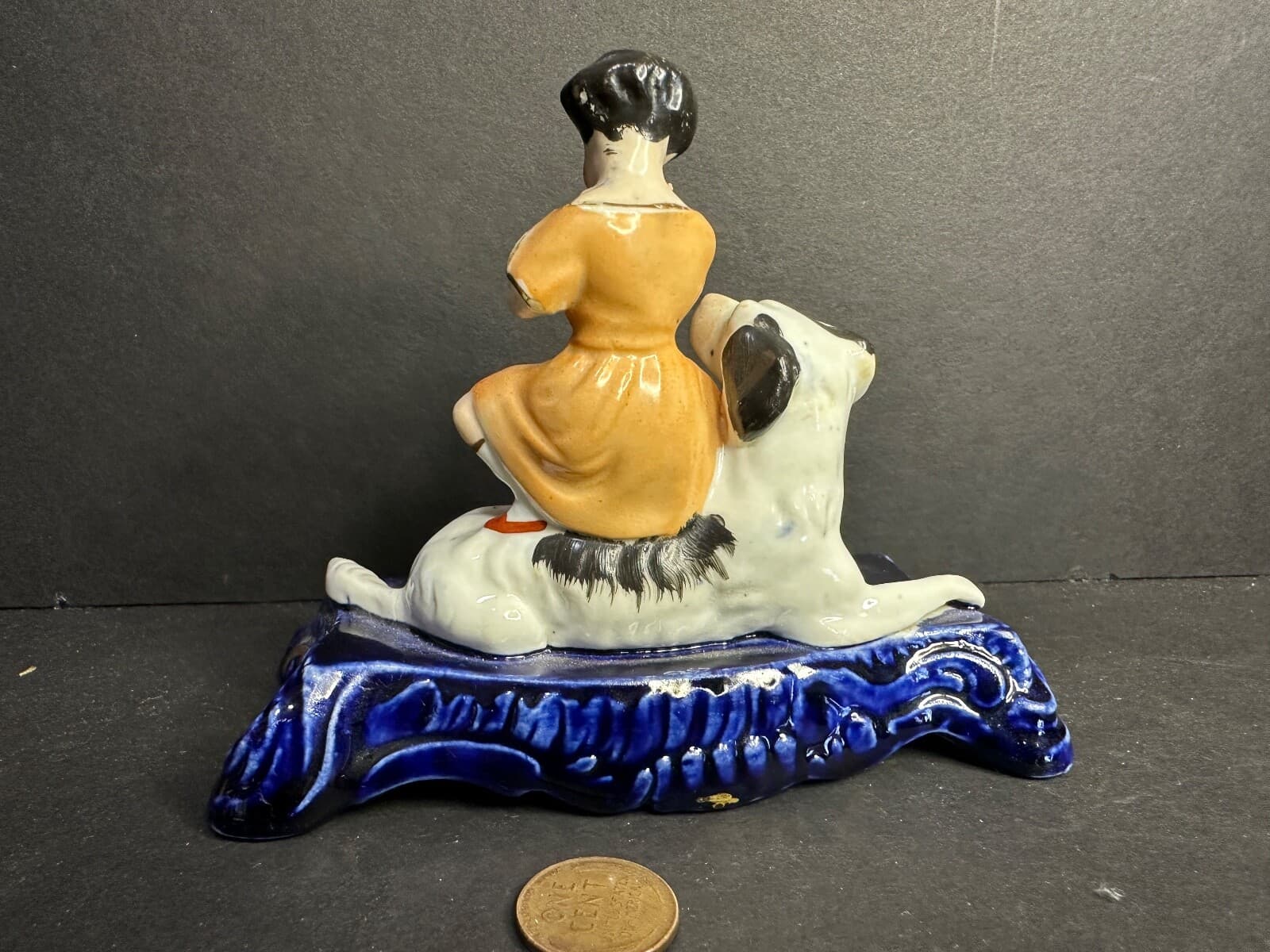 Antique Staffordshire Dog & Child & Bird, Cobalt Base, Black & White Spaniel 3
