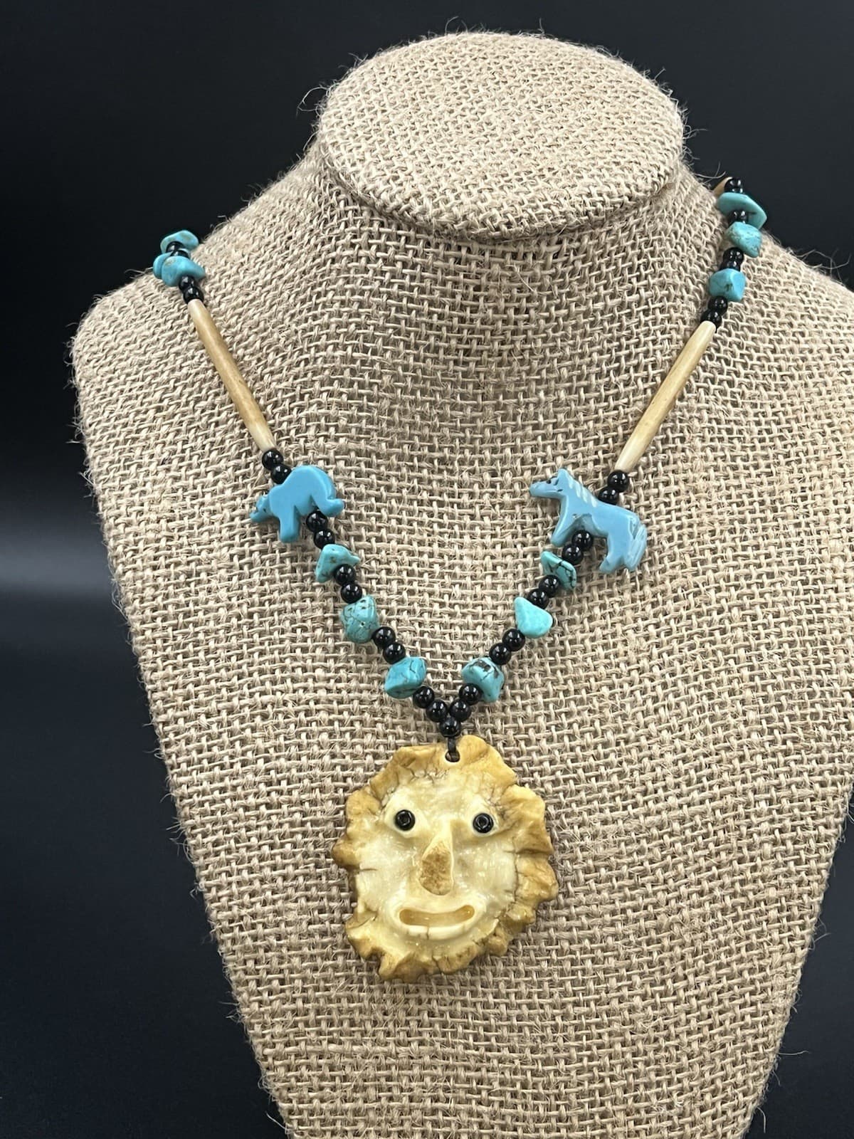 Native American Turquoise Carved Antler Face Beaded Necklace Folk Art Handmade