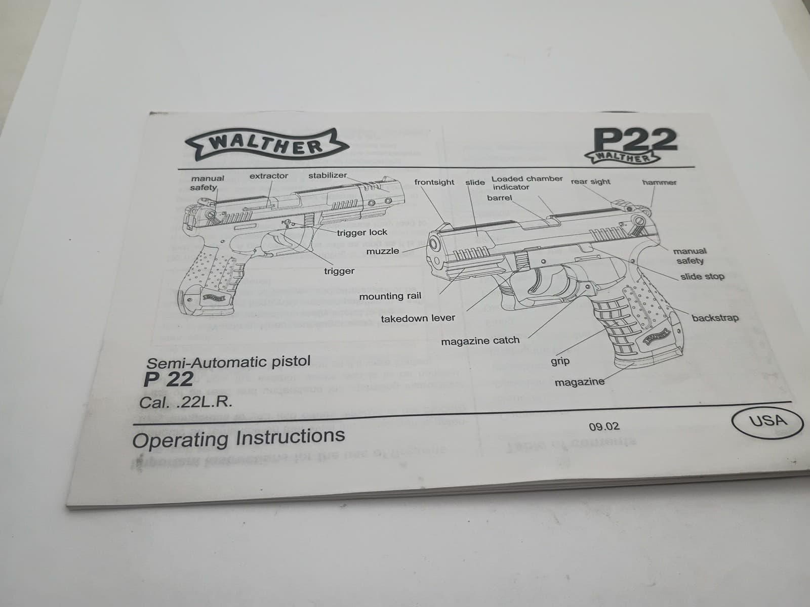 Walther P22 Semi Auto Owners Manual USA 2002 