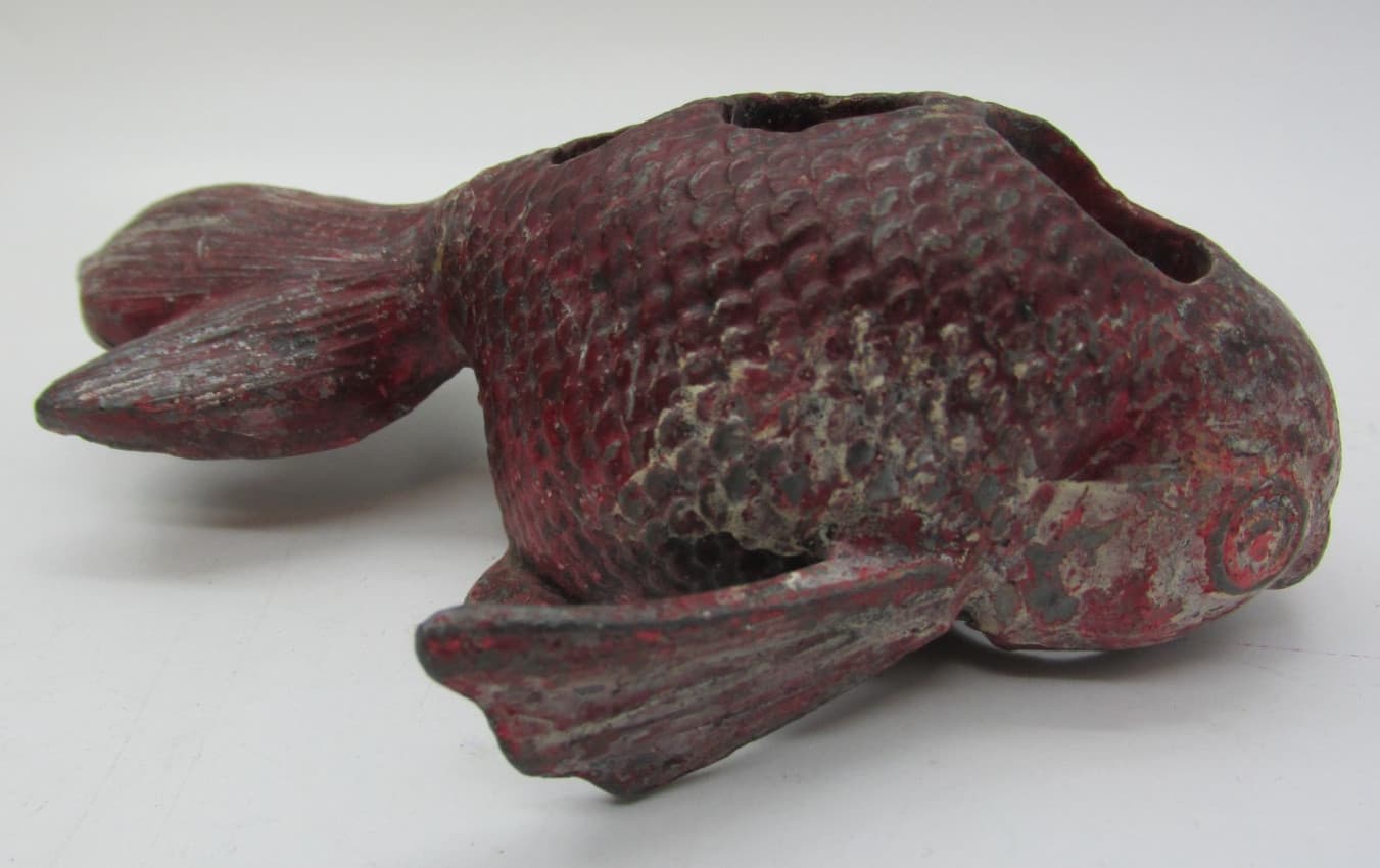 Antique Cast Iron Metal Red Koi Gold Fish Flower Frog Ikebana Flower arranging